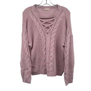 It's Our Time Cable Knit Sweater Criss Cross Neck Long Sleeve Pink Size Large